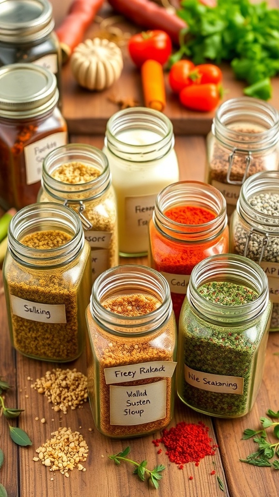 Jars of homemade seasoning blends with labels, surrounded by herbs and spices on a wooden table.